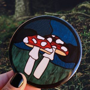 Mushroom Purse Mirror Faux Stained Glass Cottagecore Illustration  3"